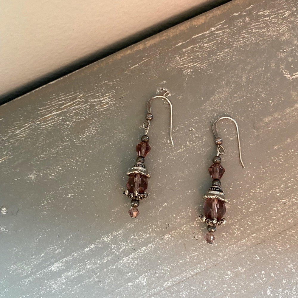 Vintage Sterling Silver Elegant Purple Crystal Dangle Earrings